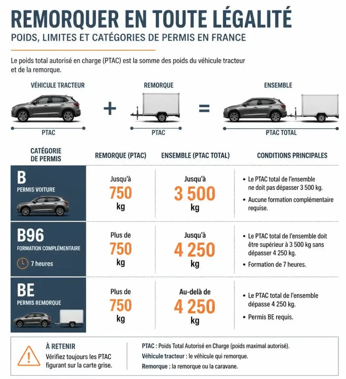 Infographie des seuils de poids PTAC pour tracter une remorque porte-moto en sécurité selon le permis de conduire