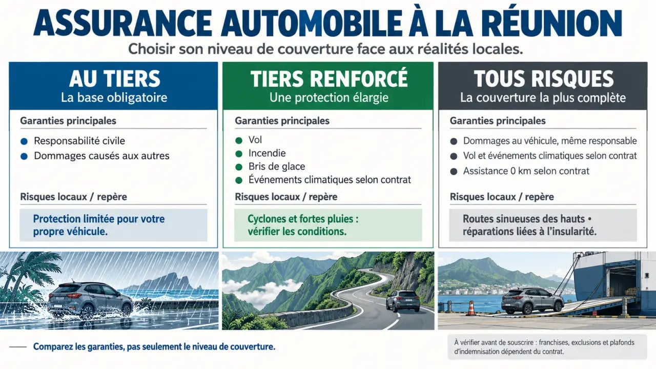 Bien assurer son véhicule à La Réunion : infographie des formules et garanties adaptées aux risques locaux