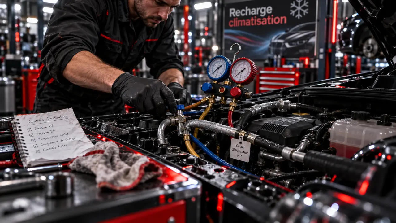 Climatisation recharge : manomètre et technicien au garage