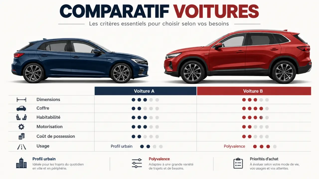 Comparatif voitures avec critères de dimensions, coffre, motorisation et coût de possession