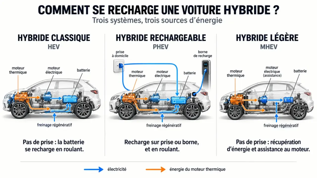 Schéma expliquant comment se recharge une voiture hybride classique, rechargeable ou légère