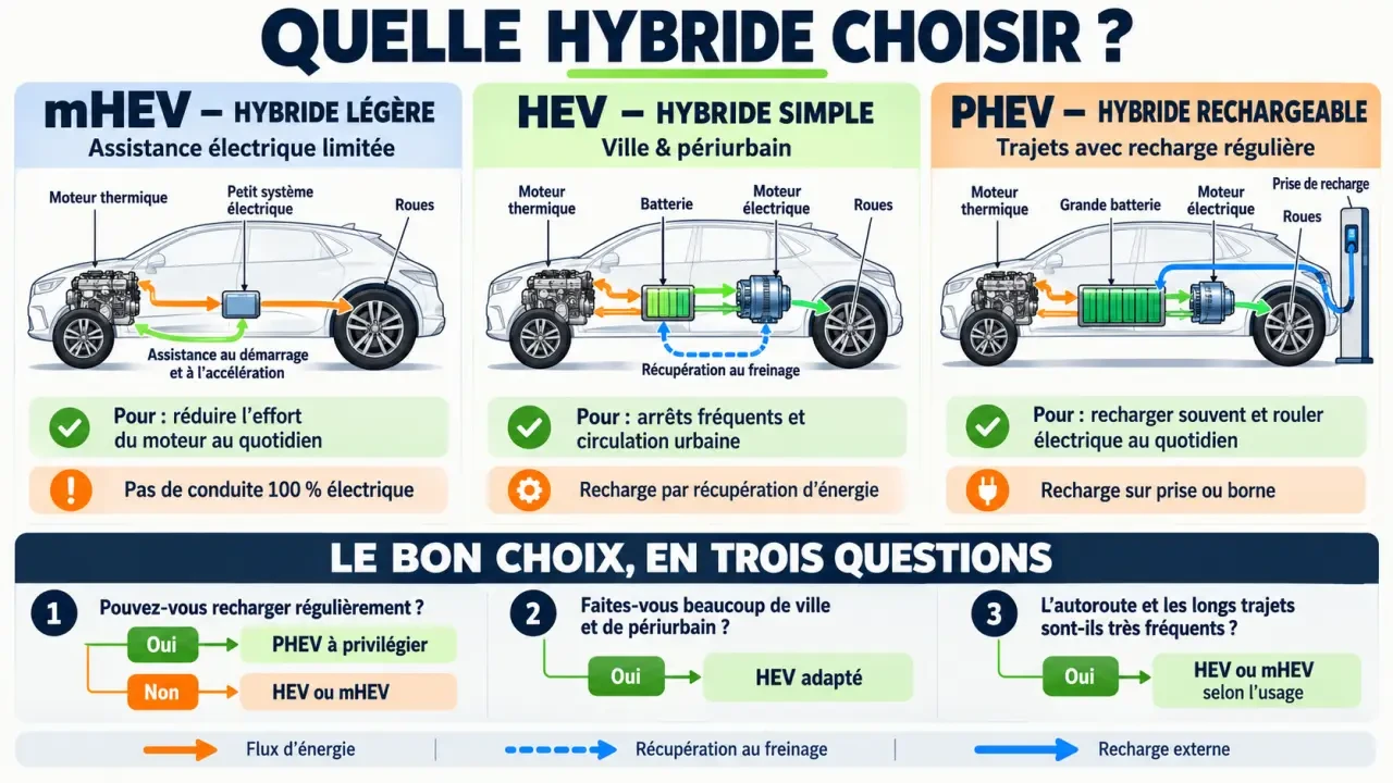 Infographie quelle hybride choisir entre hybride légère, hybride simple et hybride rechargeable selon l’usage