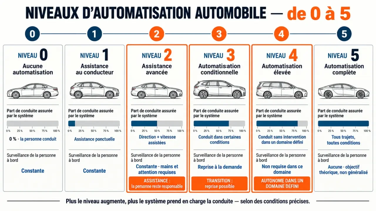 Niveaux d’autonomie d’un véhicule sans conducteur, de l’assistance à la conduite automatisée