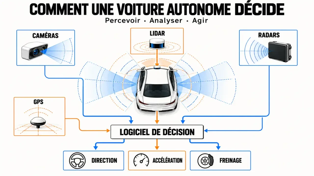 Schéma du fonctionnement d’un véhicule sans conducteur avec caméras, radars, lidar et logiciel de décision